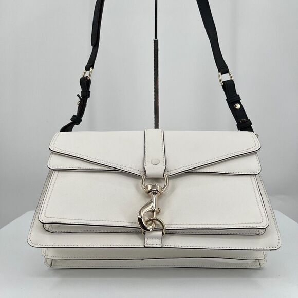 Rebecca Minkoff Handbag Bag Crossbody Hudson White Black Saffiano Leather Flap - Picture 4 of 10